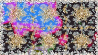 Tekrarlayan elementlerle soyut arkaplan oluşturun. Kusursuz damaske klasik altın desen. Gri renkler ve altın elementler üzerinde altın pürüzsüz desen. Raster illüstrasyonu.