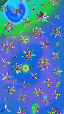 Mavi ve mor renkli bitkilerden oluşan parlak çiçekli çizim deseni.