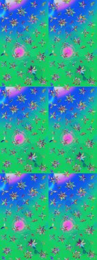 Raster illüstrasyonundaki çiçek desenli çizim. Yeşil ve mavi renkte çiçekler.