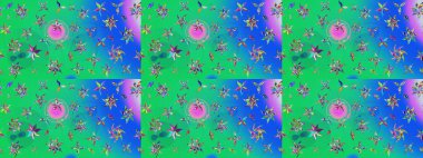 Yeşil ve mavi renkli bitkilerden oluşan parlak çiçekli çizim deseni.