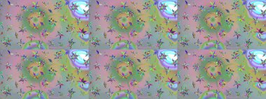 Raster illüstrasyonu. Kumaş, tekstil, duvar kağıdı baskısı için. Renkli desenli eskiz deseni nötr ve yeşil çiçekler ve dekoratif elementlerle. Eskiz geçmişi. Antika retro tarzı.