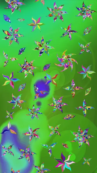 Raster illüstrasyonu. Yeşil ve mavi renkte çiçekler. Çiçek süslemeli çizim deseni.