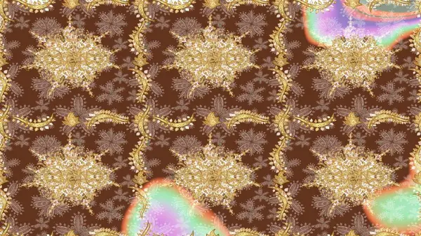 Kraliyet lüksü, altın barok kumaş rengi eskiz. Raster eskiz deseni altın antika çiçekli ortaçağ dekoratifi, yapraklar ve kahverengi renkli altın desenli süslemeler..