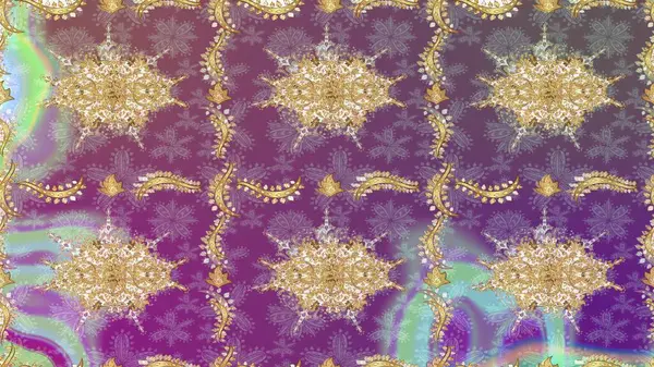 Süslü dekorasyon. Raster klasik barok çiçek deseni altın rengi. Mor renklerde altın desenler ve altın elementler. Lüks, kraliyet ve Viktorya dönemi konsepti.