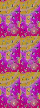 Raster çiçek desenleri çiziyor. Vadinin çiçekleri mor ve sarı renklerde.