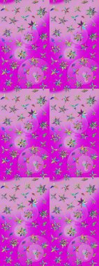 Çiçekli karalama şeklinde Raster çiçek deseni. Nazik, sevimli çiçek arkaplanı. Mor ve nötr renkte çiçekler.