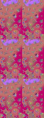 Raster suluboya çiçek deseni, narin çiçekler, pembe ve morumsu çiçekler, tebrik kartı şablonu. Güzel kumaş deseni.