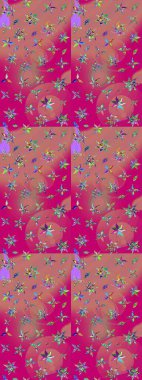 Raster illüstrasyonundaki çiçek desenli çizim. Pembe ve morumsu renkte çiçekler. Renkli Bahar Teması eskiz kalıbı. Düz Çiçek Elementleri Tasarımı.