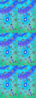 Çiçek desenli çizim. Raster illüstrasyonu. Asya tekstil tarzında. Mavi ve yeşil renkli çiçekler. Renkli Bahar Teması eskiz kalıbı. Düz Çiçek Elementleri Tasarımı.