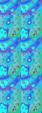 Küçük çiçekte hoş bir çiçek deseni var. Çiçeksel elementlerle süslenmiş zarif raster dokusu. Parlak çiçekli mavi ve yeşil renkler üzerine soyut çizim deseni.