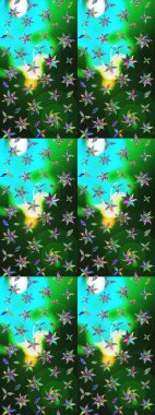 Yeşil ve mavi renkler üzerine çiçek desenli eskiz, el yapımı papatyalar, papatyalar. Tekrarlayan çiçek arkaplanı, zarif yeşil ve mavi çiçekler duvar kağıdı.