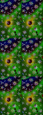 Nakış desenli çiçek deseni. Renkli grunge, koyu yeşil ve siyah çiçeklerle soyut bir arka plan oluşturur. İzler, kumaş, duvar kağıtları, tekstil için raster dokusu.