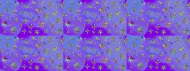 Renkli desenli eskiz deseni, mor ve mavi çiçekler ve dekoratif elementler. Eskiz geçmişi. Raster illüstrasyonu. Kumaş, tekstil, duvar kağıdı baskısı için. Antika retro tarzı.