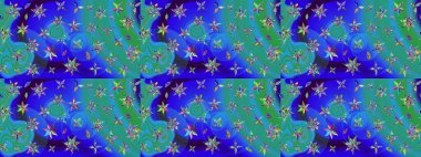 Elle çizilmiş çiçek desenli Raster çizimi. Tekstil, kumaş, ambalaj, hatıra defteri için hoş bir çiçek arkaplanı. Çocuksu tasarım. Mavi ve yeşil arkaplanda.