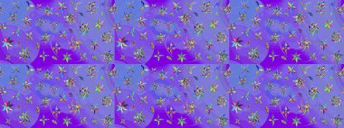 Renkli desenli eskiz deseni, mor ve mavi çiçekler ve dekoratif elementler. Eskiz geçmişi. Raster illüstrasyonu. Kumaş, tekstil, duvar kağıdı baskısı için. Antika retro tarzı.