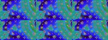 Elle çizilmiş çiçek desenli Raster çizimi. Tekstil, kumaş, ambalaj, hatıra defteri için hoş bir çiçek arkaplanı. Çocuksu tasarım. Mavi ve yeşil arkaplanda.