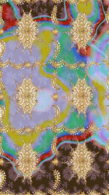 Doğu tarzı arabesk. Çizim altın desenli bukleler. Raster altın desen. Altın elementli nötr renkler. Raster illüstrasyonu.