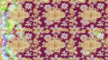 Süslü dekorasyon. Damask altın soyut çiçek deseni kırmızı renklerde. Raster illüstrasyonu.