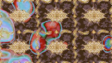 Barok tarzında altın çiçekli süs. Altın çiçekli eskiz deseni. Kahverengi renkte altın bir element. Damask arkaplanı.