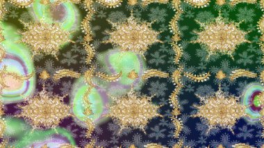 Doğu tarzı arabesk tarzında altın elementler. Raster Golden eskiz kalıbı. Çizim altın desenli bukleler. Yeşil renkte çizim deseni.