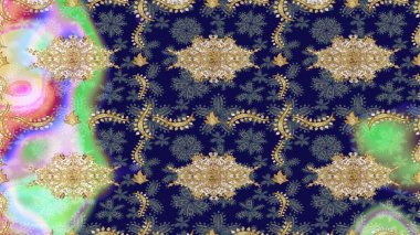 Geleneksel raster ve altın desen. Damask eskiz süsü. Klasik oryantal desen mavi renkler üzerinde.