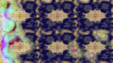 Eskiz desenli oryantal süs. Altın elementlerle mavi renklerde altın desen. İslam tasarımı. Çiçek kiremitleri. Raster altın tekstil baskısı.