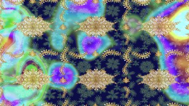 Damask çizimi tekrarlanıyor. Mavi renklerdeki altın element. Barok tarzında altın çiçekli süs. Doku arkaplanı üzerine altın duvar kağıdı.