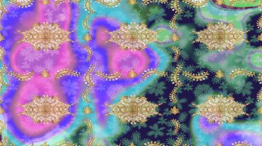 Barok tarzında eskiz oryantal süsü. Raster geleneksel mor renkler üzerine klasik altın çizim deseni.