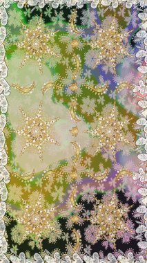 Raster altın desen. Kusursuz kıvırcık saçlar. Doğulu stil, altın elementlerle altın deseni nötr renklerle donatır..