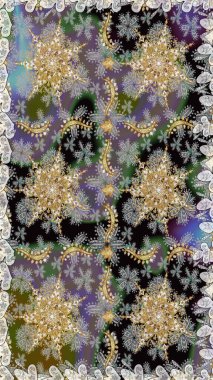 Klasik oryantal desen gri renklerden üstündür. Damask pürüzsüz süsü. Geleneksel raster ve altın desen.