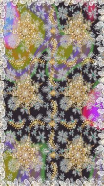 İslam tasarımı. Raster altın tekstil baskısı. Çiçek kiremitleri. Gri renkli ve altın elementli altın desenli. Kusursuz desenli oryantal süs.