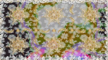 Doğu tarzı element. Davetiyeler, kartlar, web sayfası için Raster illüstrasyon. Altın desenli çiçek dekoru. Gri renklerdeki altın element. Çizgi sanatı tasarım şablonu için sınırsız sınır.