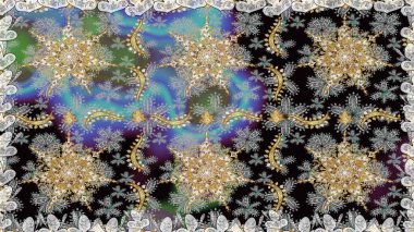 Parlak dantel, stilize çiçekler, şal desenli. Raster. Gri renklerde, altın elementlerle kusursuz desen. Hassas altın deseni açın. Doğu tarzı arabesk. Kusursuz altın dokular bukleler.