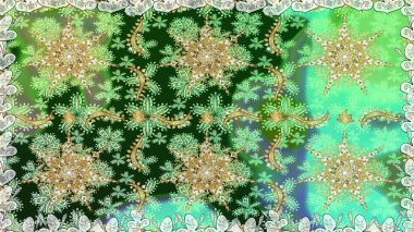 Yeşil renklerdeki altın element. Davetiyeler, kartlar, web sayfası için Raster illüstrasyon. Altın desenli çiçek dekoru. Doğu tarzı element. Çizgi sanatı tasarım şablonu için sınırsız sınır.