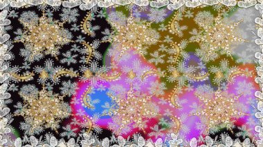 Raster illüstrasyonu. Kusursuz desenli altın elementler. Klasik çiçek dokusu. Kart, duvar kağıdı, ambalaj ve tekstil için klasik tasarım. Gri renkli Royal retro. Altın şablon.