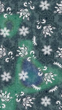 Yeşil ve mavi renkte çiçekler. Raster illüstrasyonu. Tropikal çizim çiçek deseni.