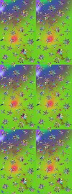 Raster Modaya uygun kumaş deseni. Düz Çiçek Elementleri Tasarımı. Renkli Bahar Teması eskiz kalıbı. Yeşil ve mor renkli şirin çiçek deseni.