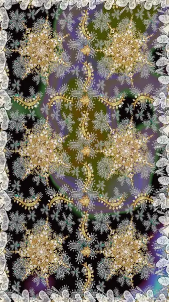 Doğum günü kartı, davetiye ya da afiş için iyidir. Raster illüstrasyonu. Kusursuz ortaçağ çiçek deseni. Dekoratif simetri arabesk. Gri renklerde altın.