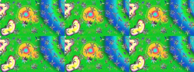 Çocuksu tasarım. Elle çizilmiş çiçek desenli Raster çizimi. Yeşil ve mavi arka planda. Tekstil, kumaş, ambalaj, hatıra defteri için güzel çiçek arkaplanı..