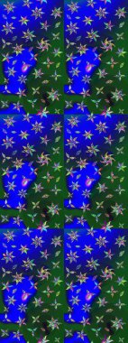 Motley illüstrasyonu. Moda baskıları için zarif bir şablon. Mavi ve yeşil çiçekli bahar çiçekleri. Küçük çiçekte güzel bir desen. Küçük renkli çiçekler..