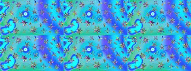 Mavi ve yeşil renkli çiçekler. Renkli Yaz Temalı eskiz kalıbı. Düz Çiçek Elementleri Tasarımı. Sevimli çiçek raster deseni.