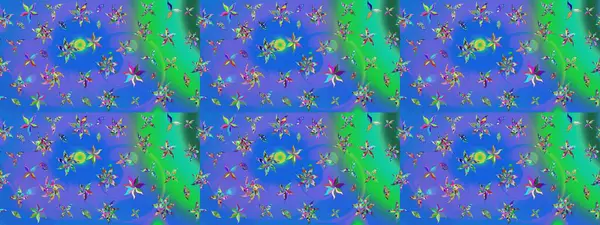 Çok mavi ve yeşil zarif küçük çiçekler ve mavi ve yeşil renkli komik böcekler, raster desen, illüstrasyon.