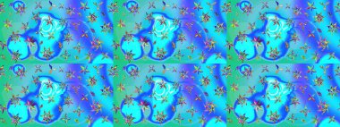 Raster illüstrasyonu. Çiçekli yumuşak bir eskiz şekli. Raster çiçekleri klasik tarzda çizilmiş. Mavi ve yeşil renklerde bahar çiçekleri..