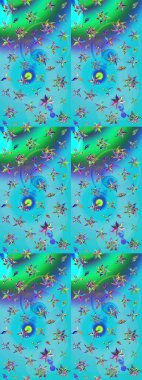 Raster illustration. Raster floral pattern in doodle style with flowers. Gentle, spring floral on blue and green colors.