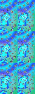 Raster illüstrasyonu. Çiçek desenli çizim. Mavi ve yeşil renkli çiçekler. Asya tekstil tarzında. Raster illüstrasyonu.