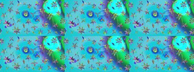 Mavi ve yeşil renkli çiçekler. Raster illüstrasyonunda çiçek deseni çizimi.
