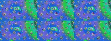 Düz Çiçek Elementleri Tasarımı. Renkli Yaz Temalı eskiz kalıbı. Mavi ve yeşil renkli çiçekler. Raster illüstrasyonunda çiçek deseni çizimi.