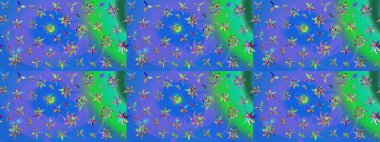 Mavi ve yeşil renklerde güzel bir tekstil. Suluboya çiçekli çiçek deseni. Raster illüstrasyonu.