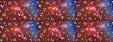 Düz Çiçek Elementleri Tasarımı. Renkli Yaz Temalı eskiz kalıbı. Kahverengi ve kırmızı renkte çiçekler. Raster illüstrasyonunda çiçek deseni çizimi.