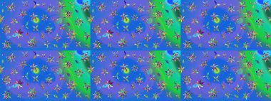 Raster deseni. Mavi ve yeşil renklerde. Küçük çiçekteki sevimli çiçek deseni. Soyut çiçek çizim kalıbı arka planı. Raster illüstrasyonu.